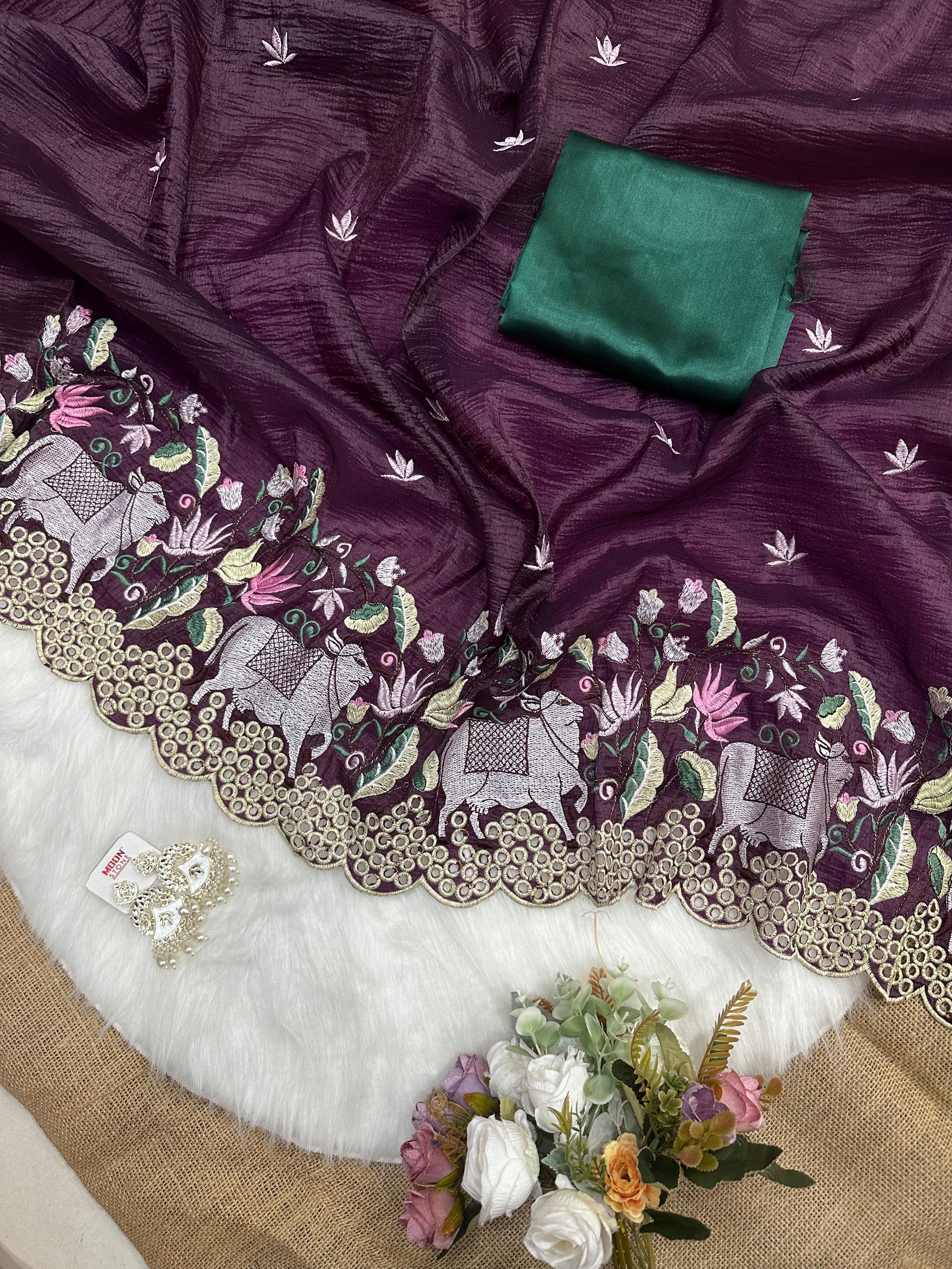 Traditional Wear Pure Gold Soft Crush ,Wedding Bollywood Sari & Blouse