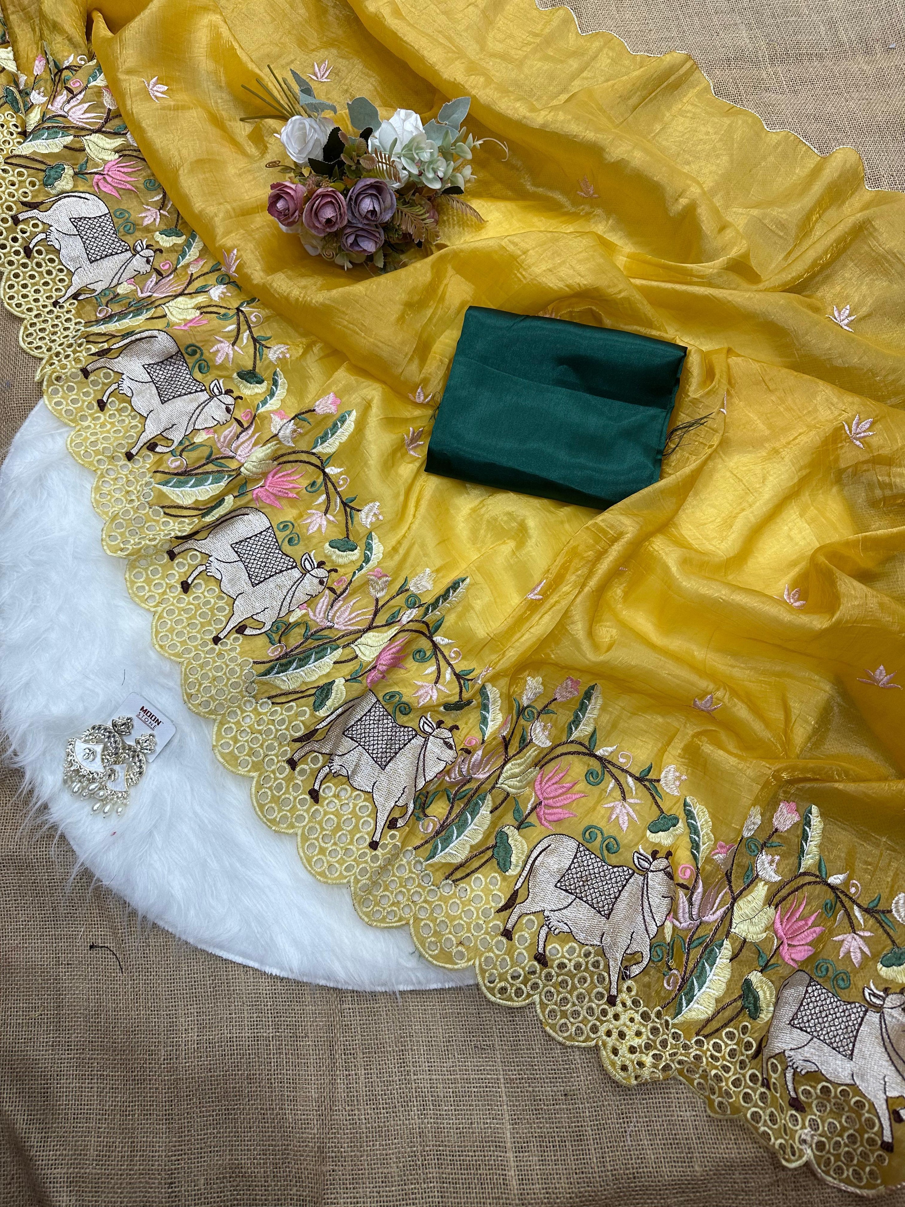 Traditional Wear Pure Gold Soft Crush ,Wedding Bollywood Sari & Blouse