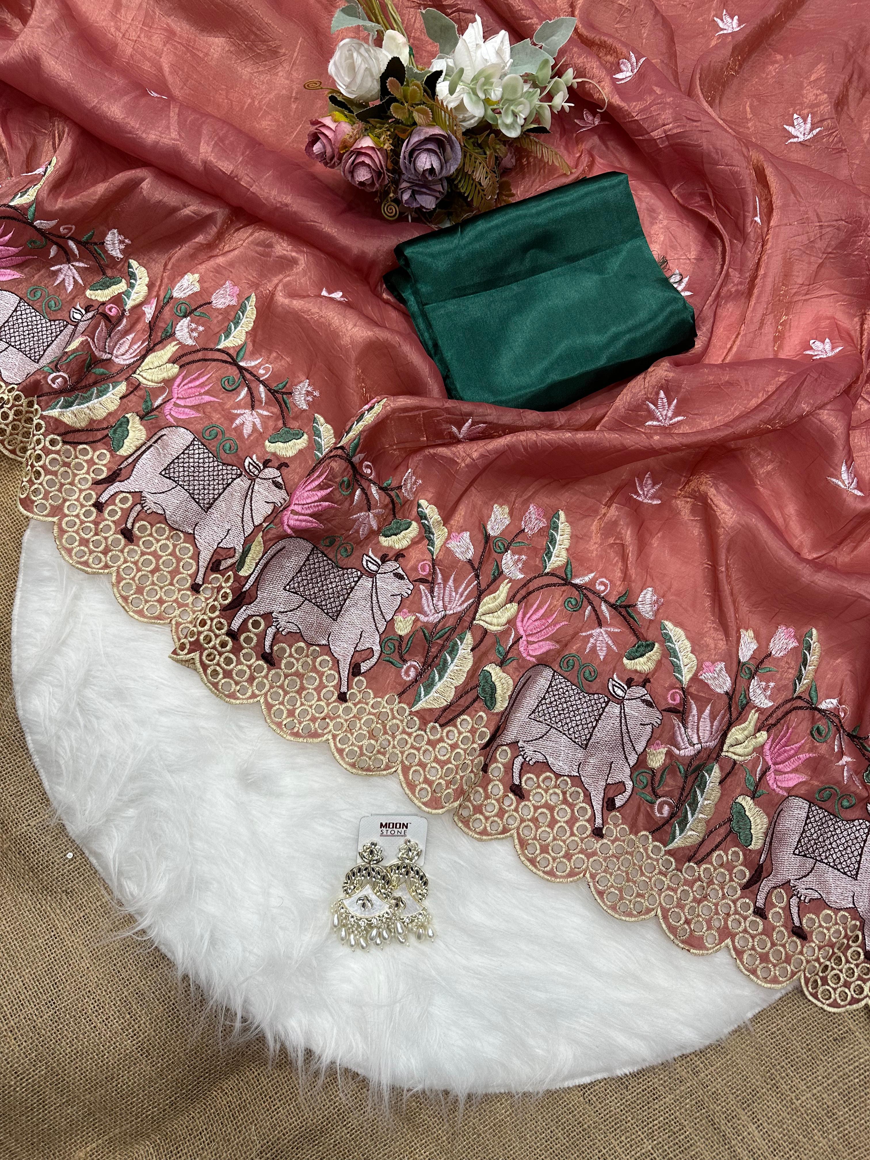 Traditional Wear Pure Gold Soft Crush ,Wedding Bollywood Sari & Blouse