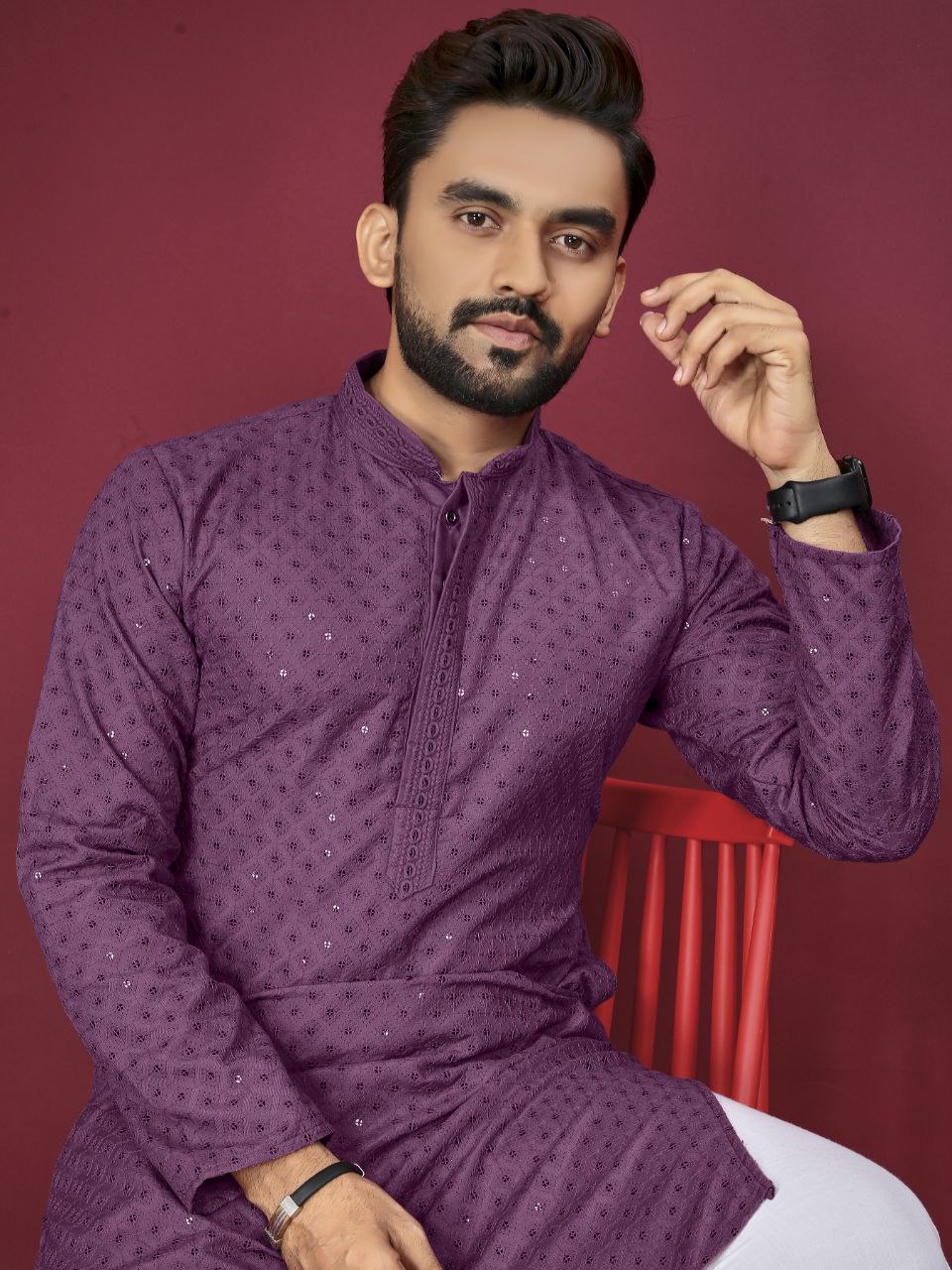 Cotton Luckhnowi Work With Embroidery Work Kurta Pajama Set For Men's
