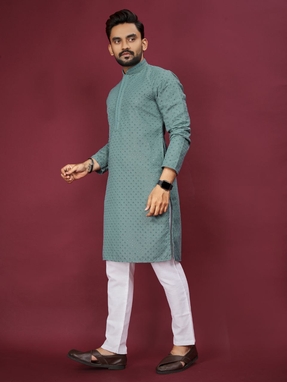Cotton Luckhnowi Work With Embroidery Work Kurta Pajama Set For Men's