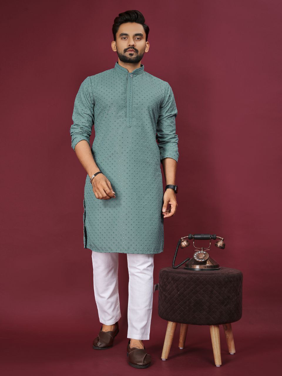 Cotton Luckhnowi Work With Embroidery Work Kurta Pajama Set For Men's