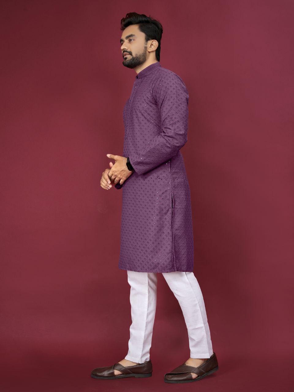 Cotton Luckhnowi Work With Embroidery Work Kurta Pajama Set For Men's