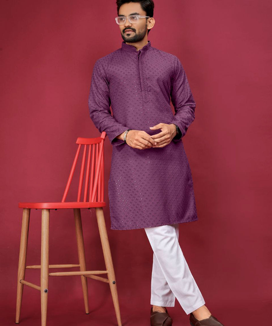 Cotton Luckhnowi Work With Embroidery Work Kurta Pajama Set For Men's