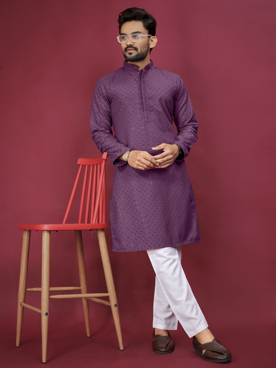 Cotton Luckhnowi Work With Embroidery Work Kurta Pajama Set For Men's