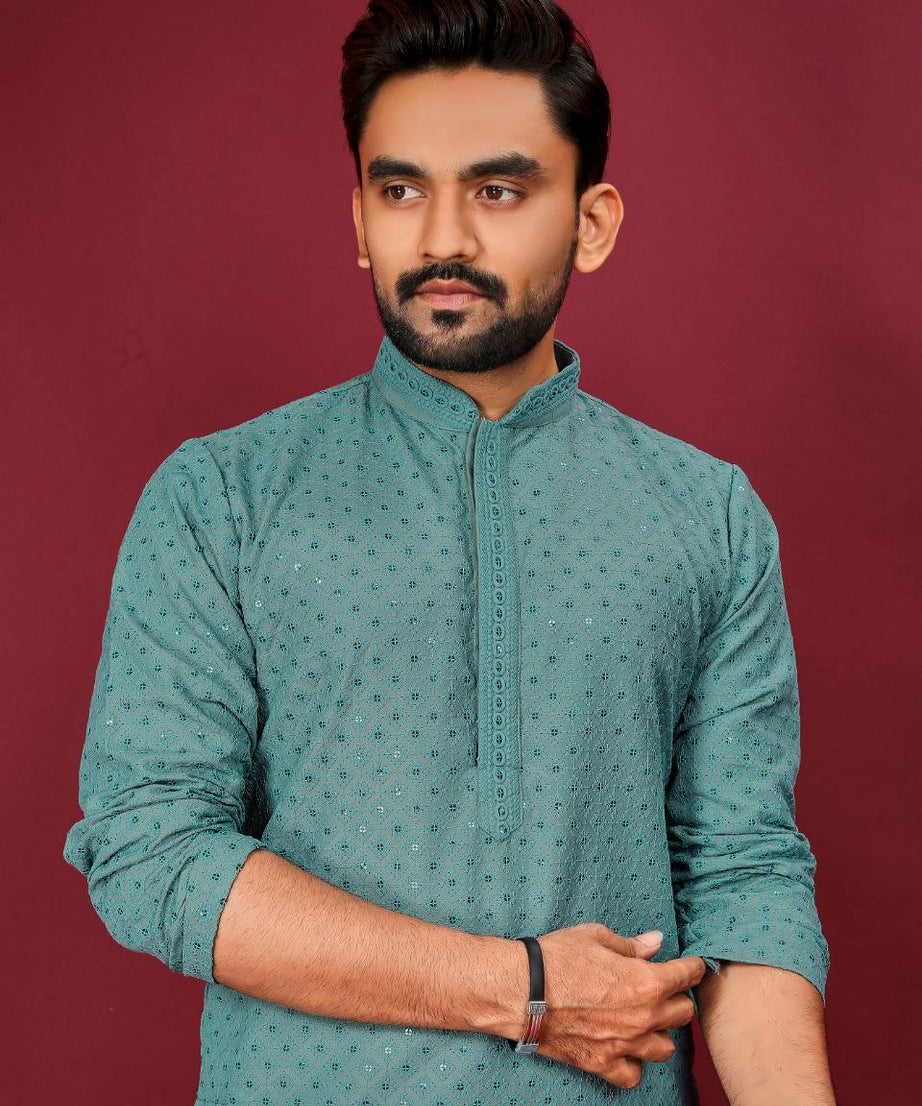 Cotton Luckhnowi Work With Embroidery Work Kurta Pajama Set For Men's