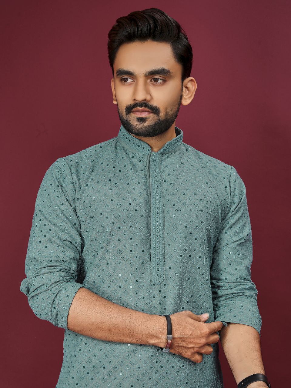 Cotton Luckhnowi Work With Embroidery Work Kurta Pajama Set For Men's