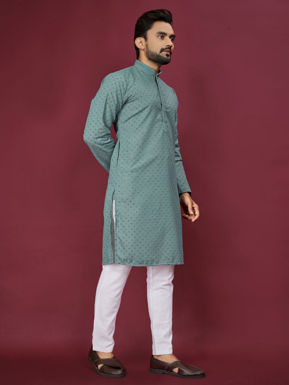 Cotton Luckhnowi Work With Embroidery Work Kurta Pajama Set For Men's