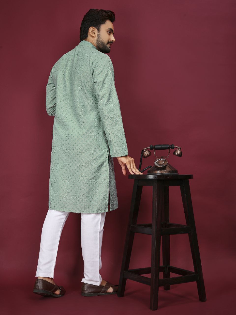 Cotton Luckhnowi Work With Embroidery Work Kurta Pajama Set For Men's