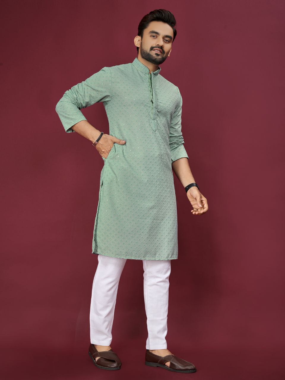 Cotton Luckhnowi Work With Embroidery Work Kurta Pajama Set For Men's