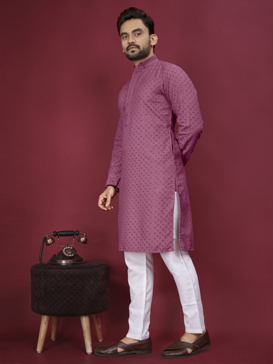 Cotton Luckhnowi Work With Embroidery Work Kurta Pajama Set For Men's