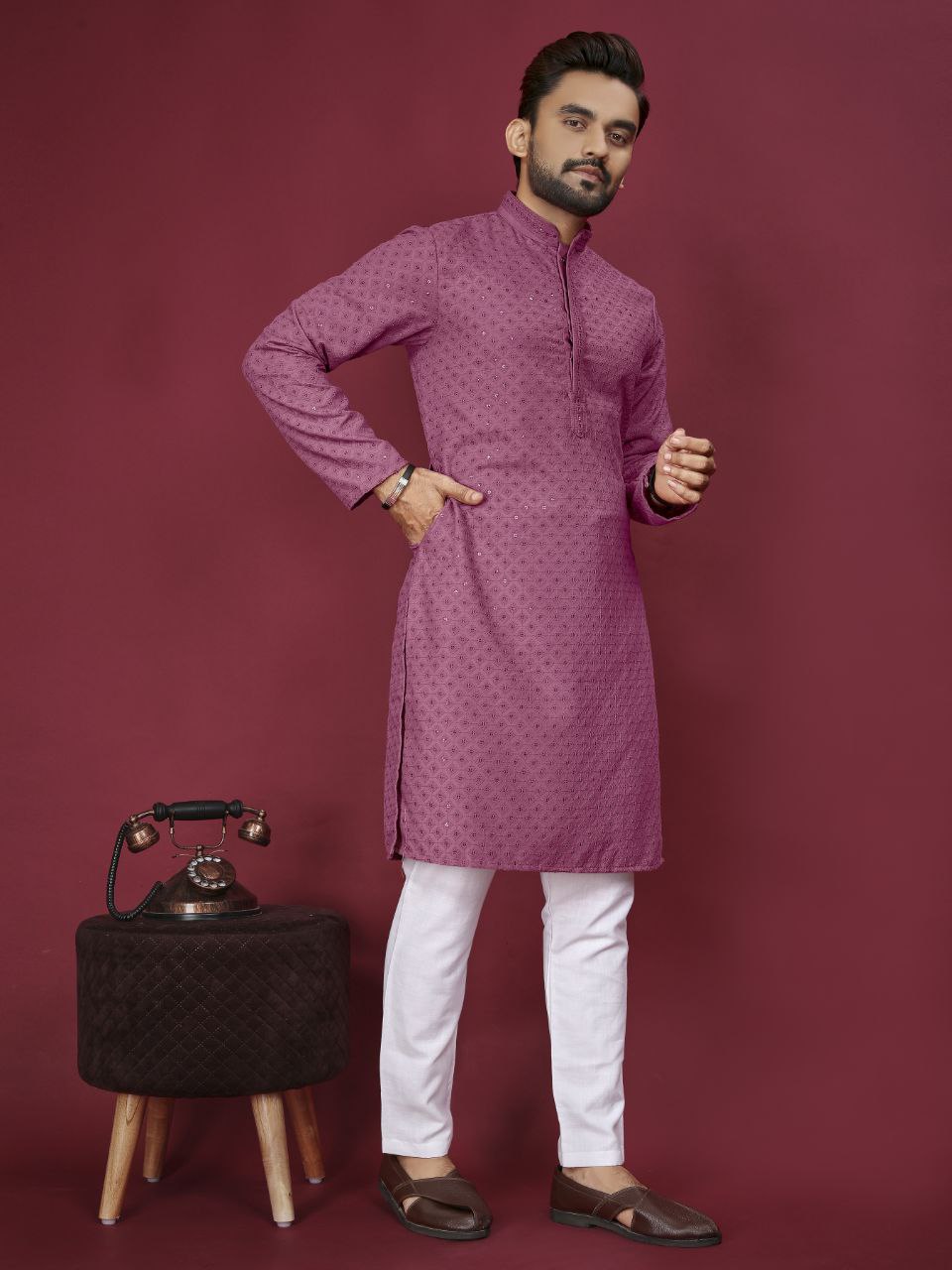 Cotton Luckhnowi Work With Embroidery Work Kurta Pajama Set For Men's