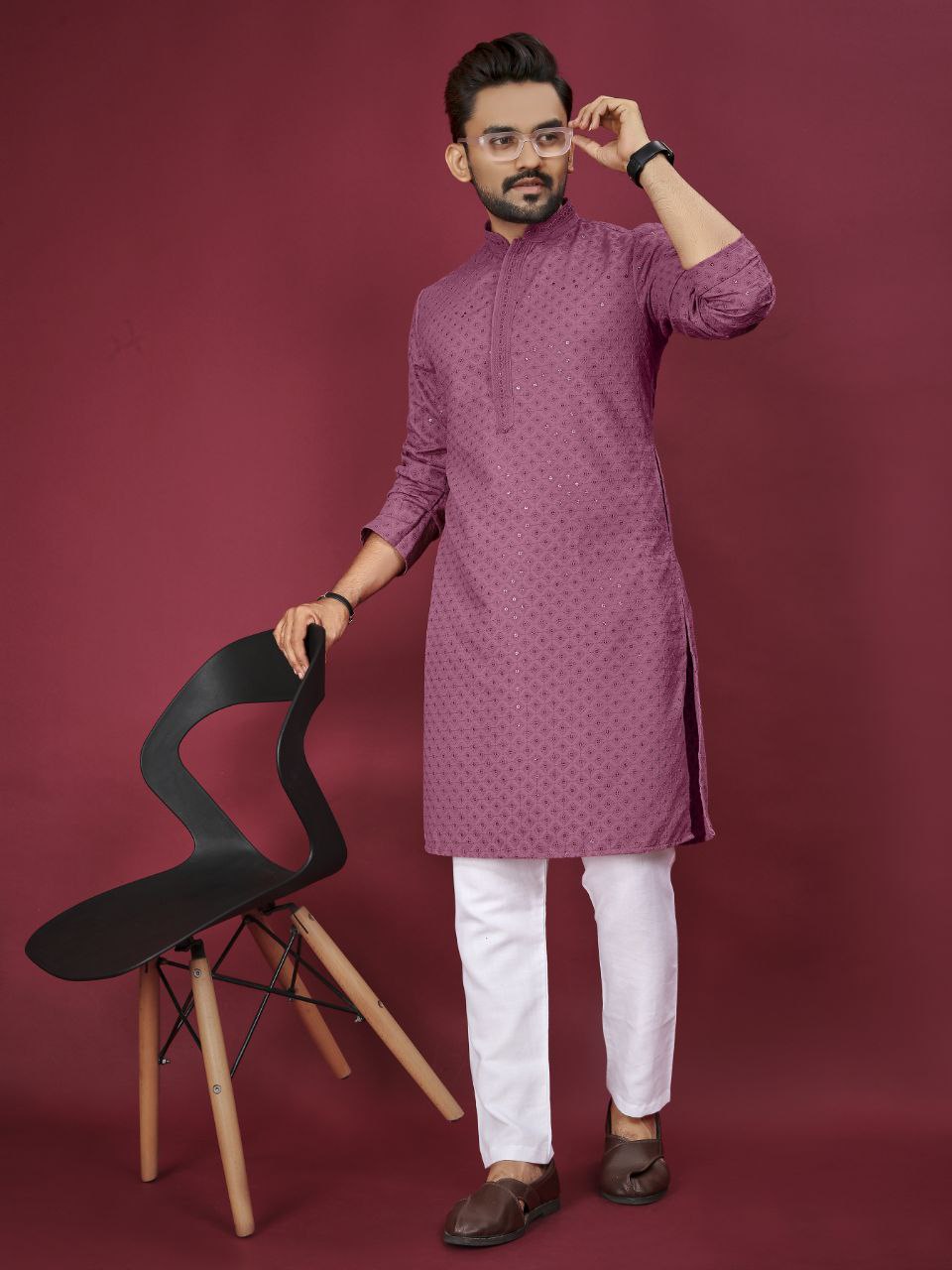 Cotton Luckhnowi Work With Embroidery Work Kurta Pajama Set For Men's
