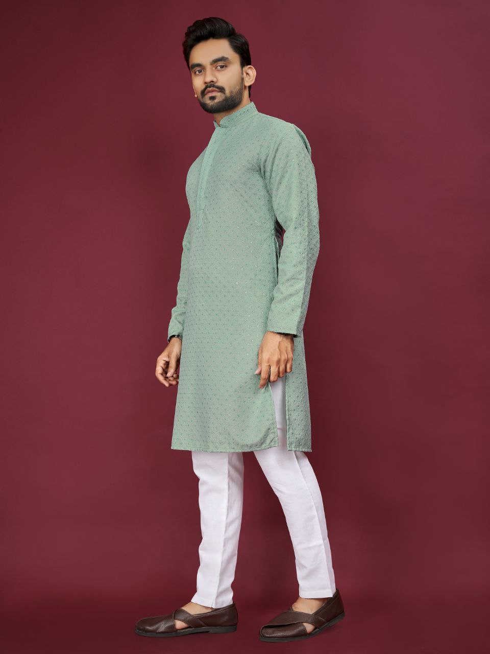 Cotton Luckhnowi Work With Embroidery Work Kurta Pajama Set For Men's