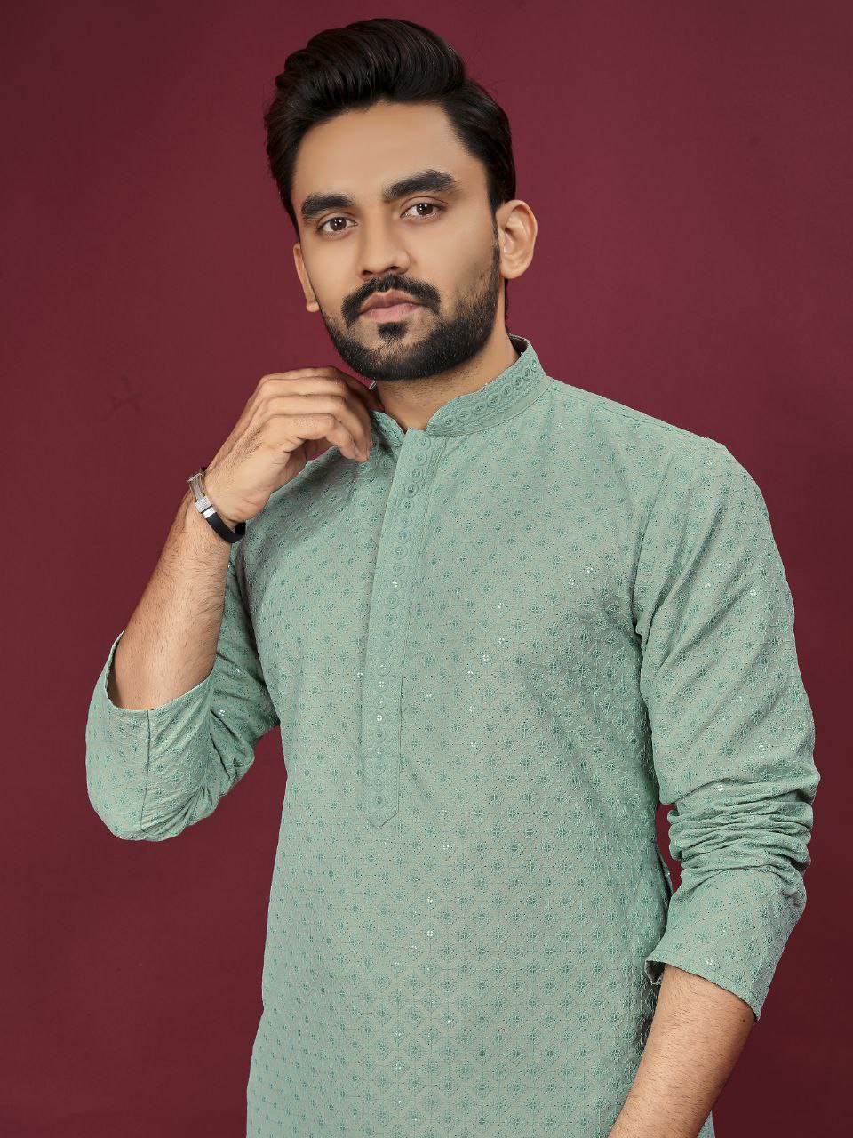 Cotton Luckhnowi Work With Embroidery Work Kurta Pajama Set For Men's