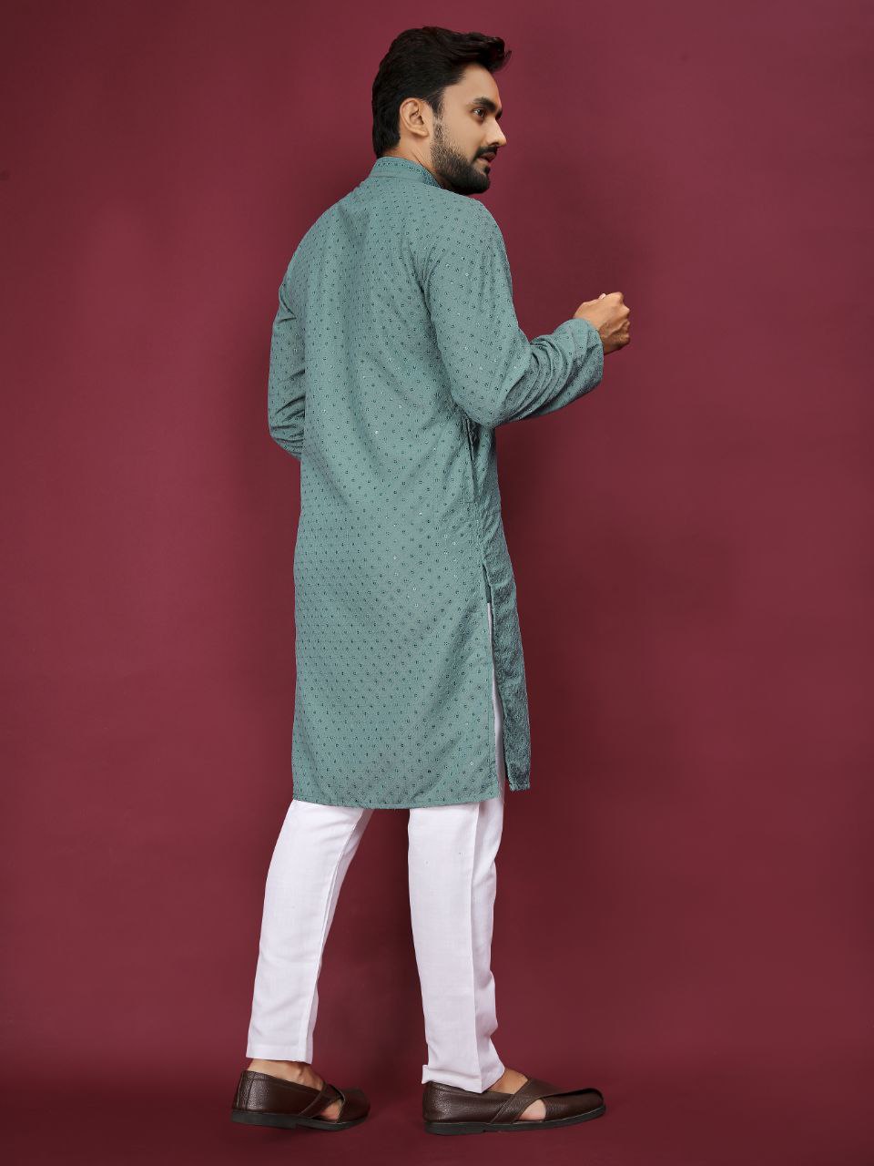 Cotton Luckhnowi Work With Embroidery Work Kurta Pajama Set For Men's