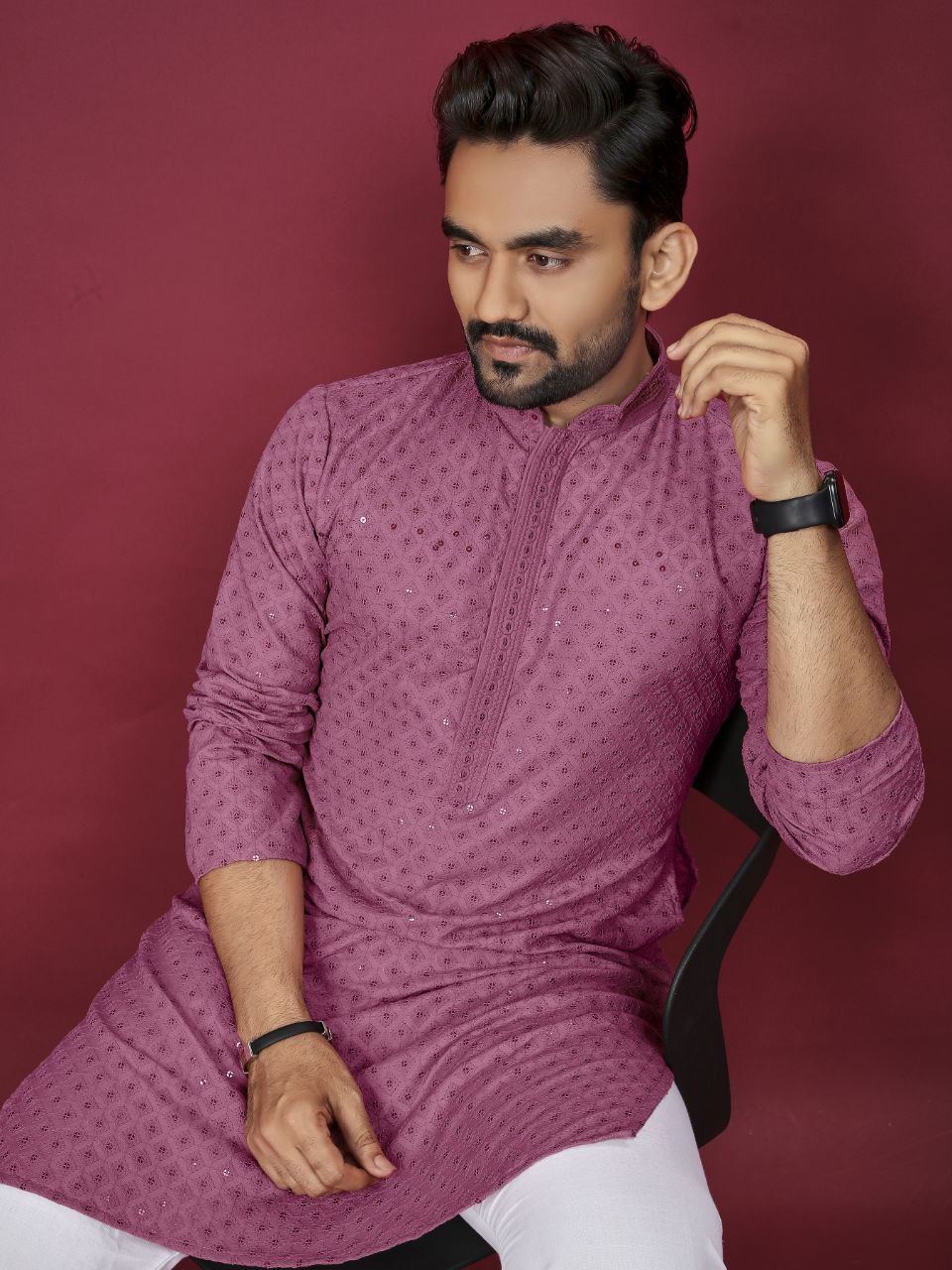Cotton Luckhnowi Work With Embroidery Work Kurta Pajama Set For Men's