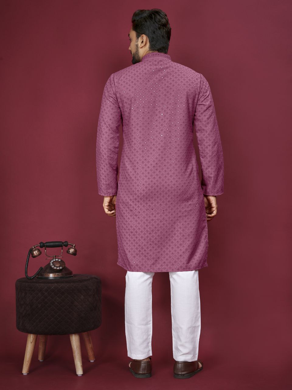 Cotton Luckhnowi Work With Embroidery Work Kurta Pajama Set For Men's