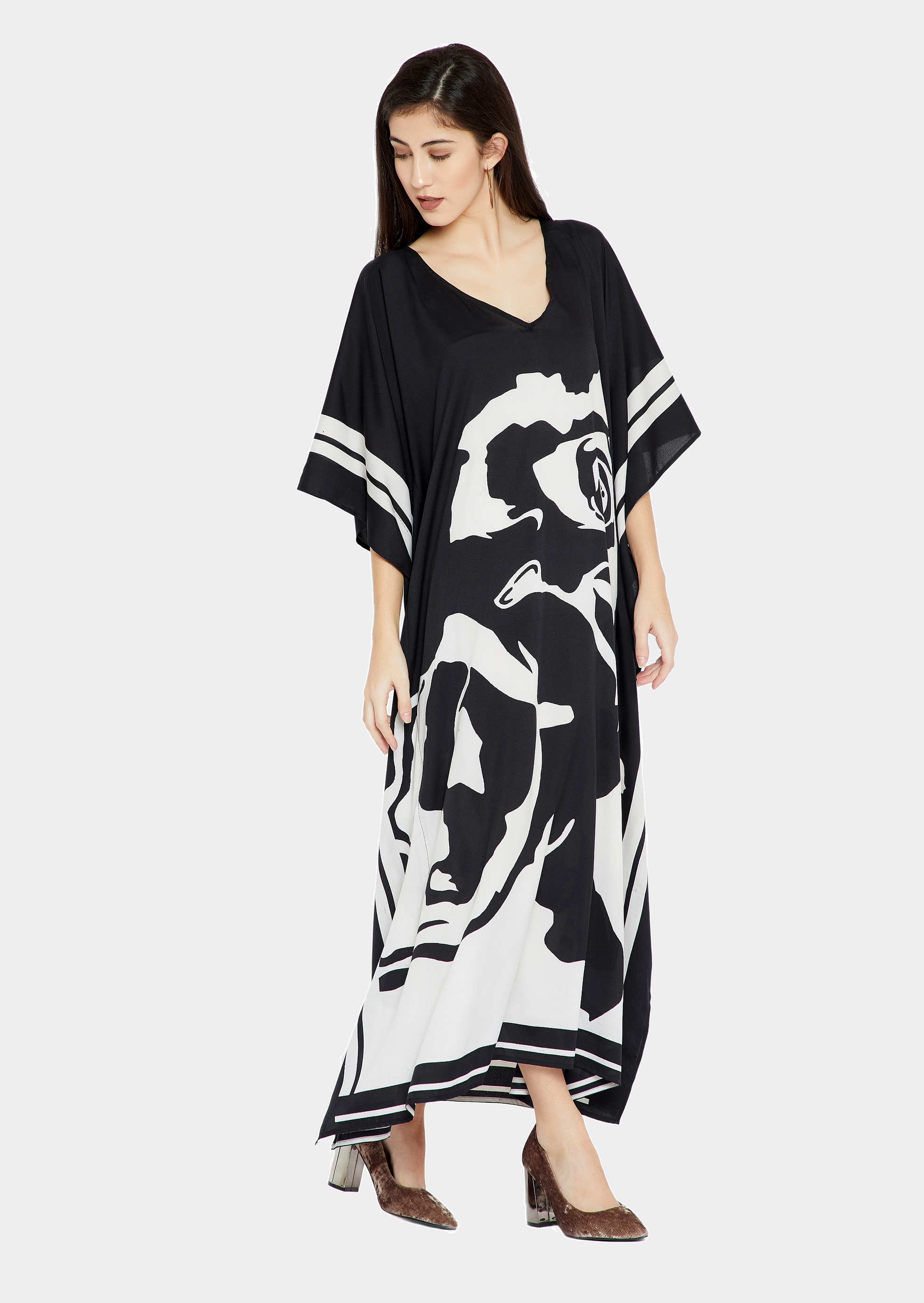 Black White Women Caftan, Soft Satin Silk Caftan