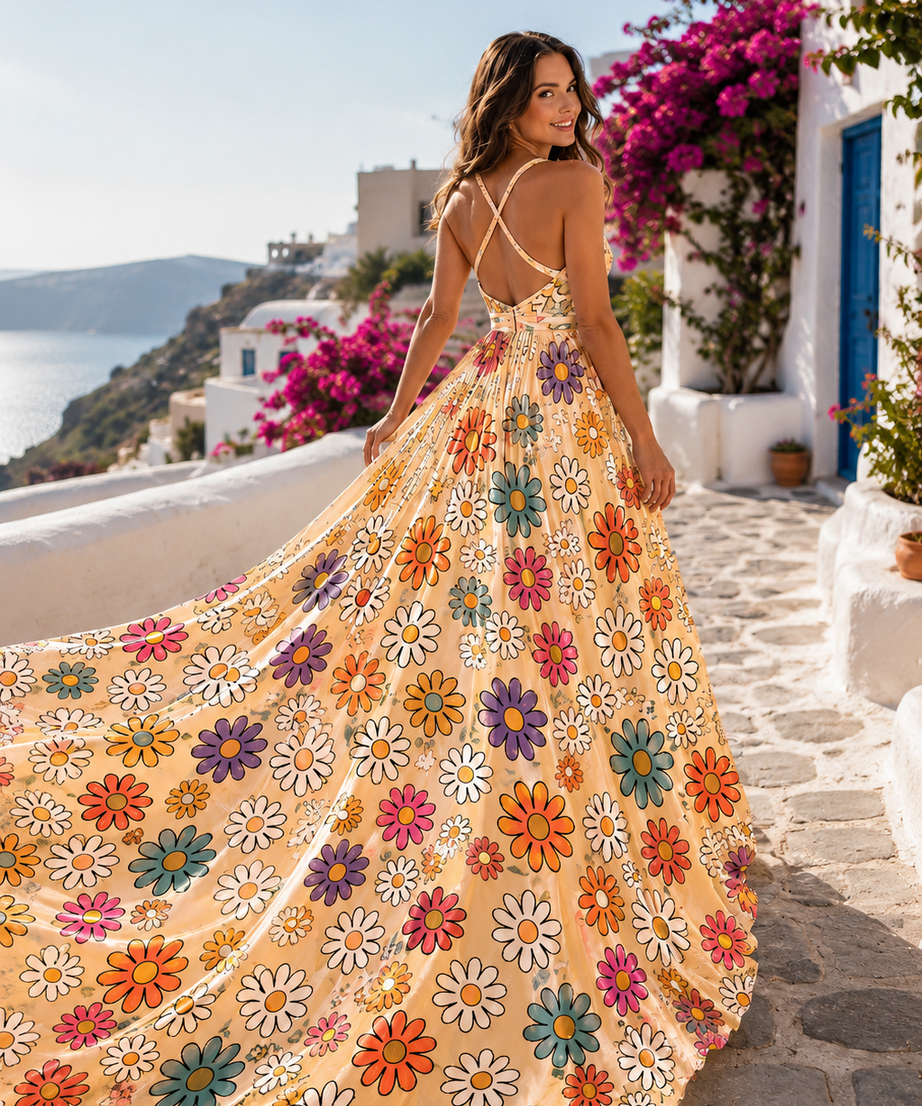Women's Floral Print Long Dress Flowy Vacation Maxi Dress with Elegant Train