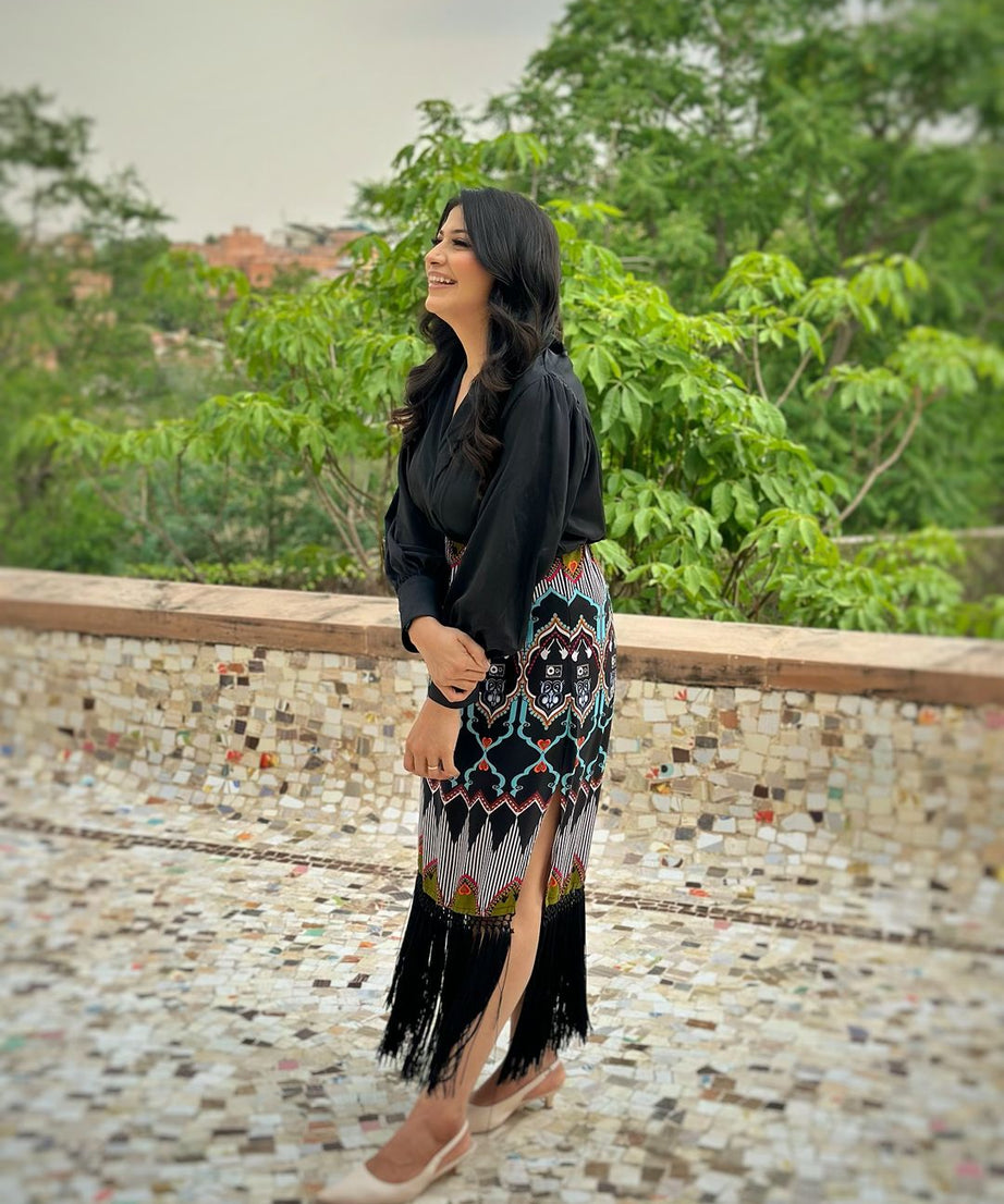 Luxury Printed Fringe Midi Dress for Women Elegant Black Long Sleeve Party Wear Dress