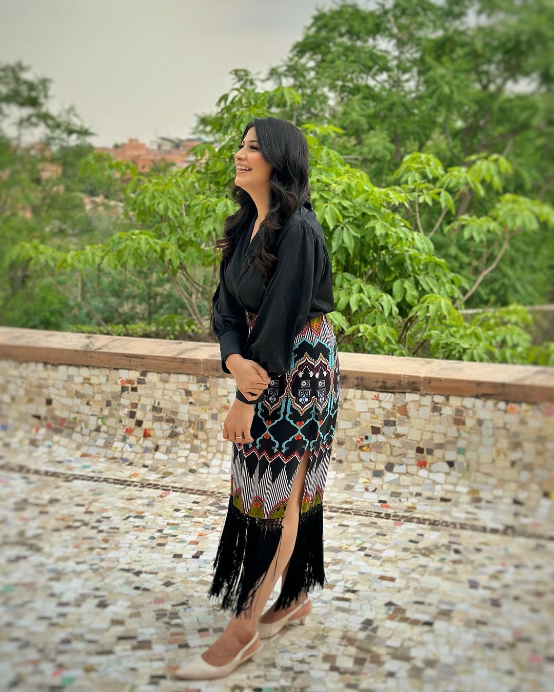 Luxury Printed Fringe Midi Dress for Women Elegant Black Long Sleeve Party Wear Dress