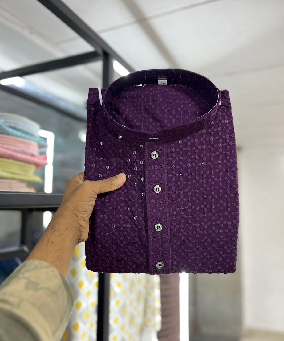 Cotton Rayon With Embroidery Sequin Work Kurta Pajama Set