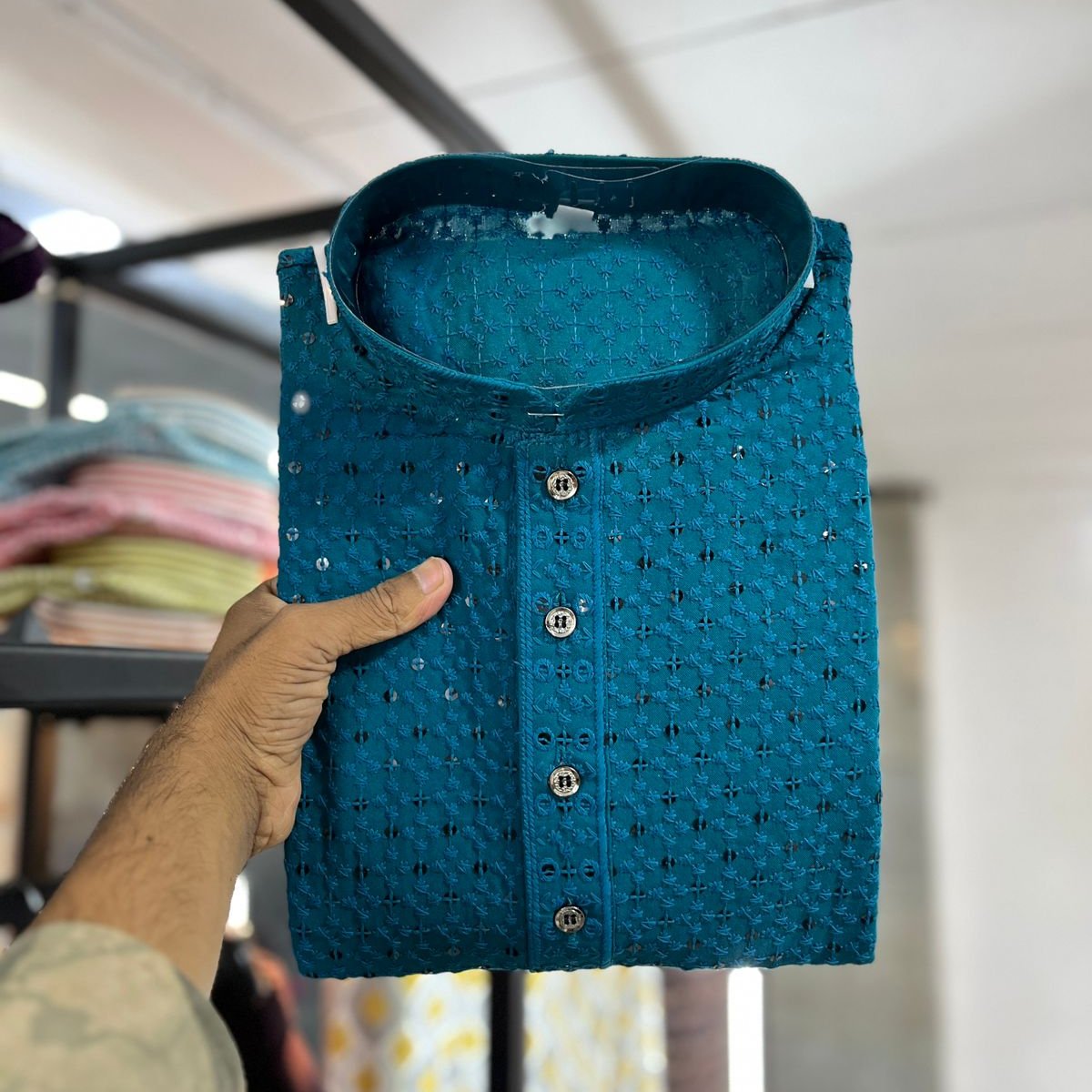 Cotton Rayon With Embroidery Sequin Work Kurta Pajama Set