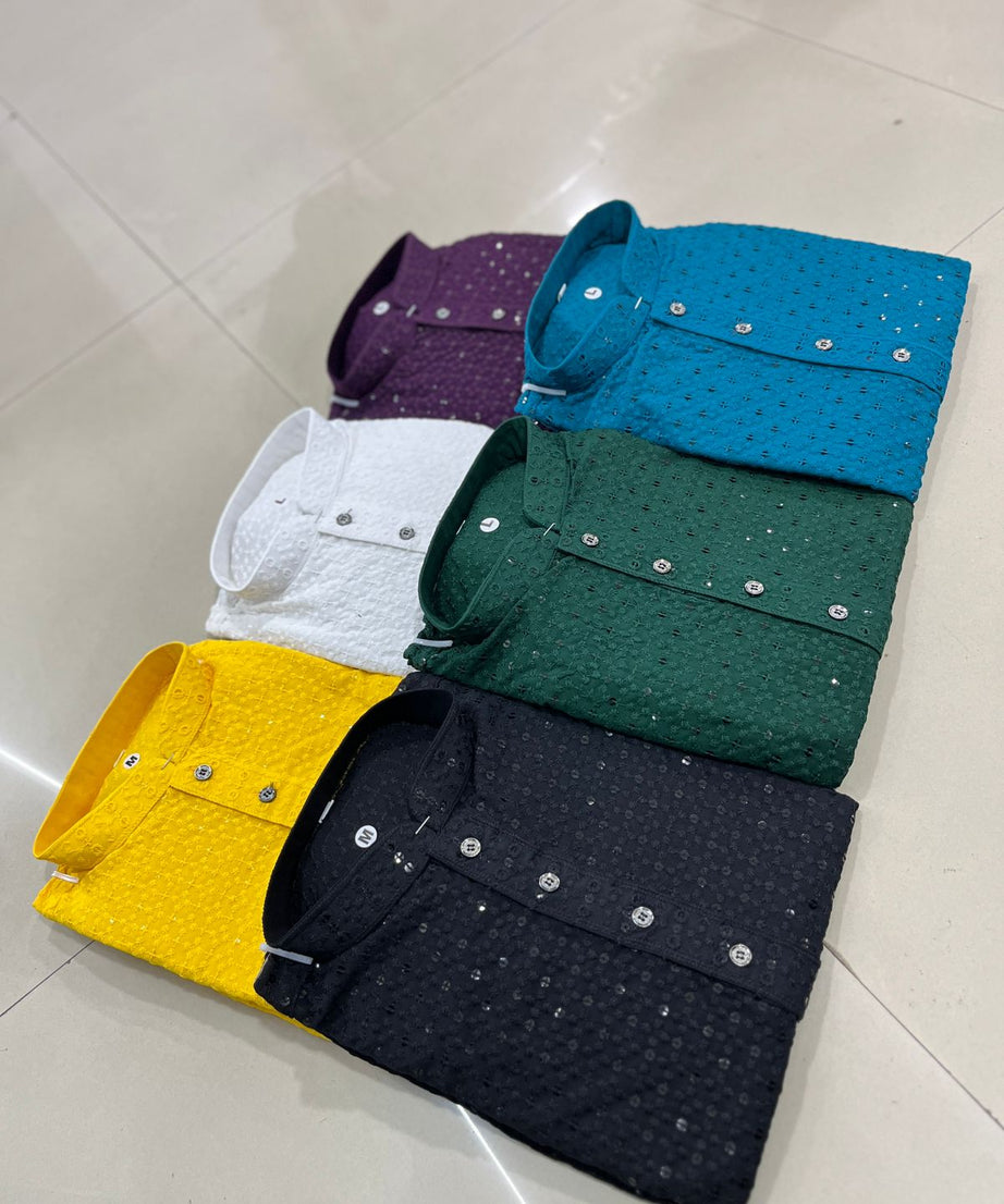 Cotton Rayon With Embroidery Sequin Work Kurta Pajama Set