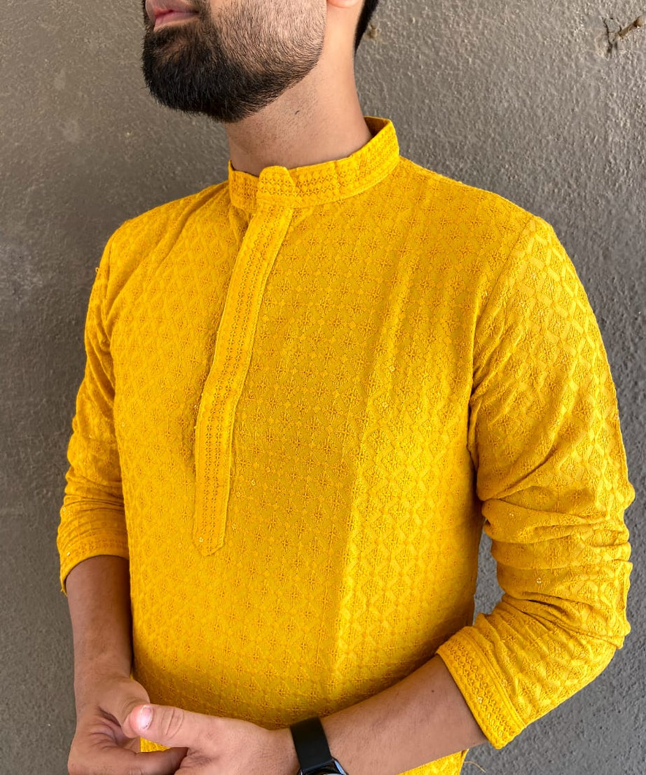 Heavy Rayon Chikan Work Kurta Pajama Set For Men's