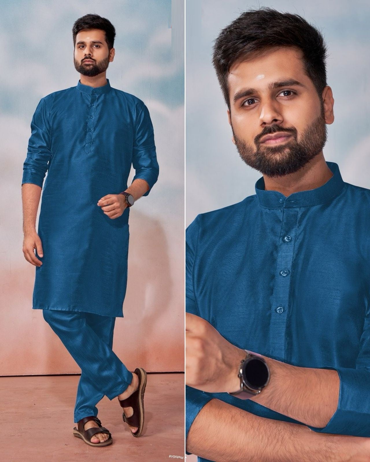 Men's Banglori Silk Kurta Polo Pant Set