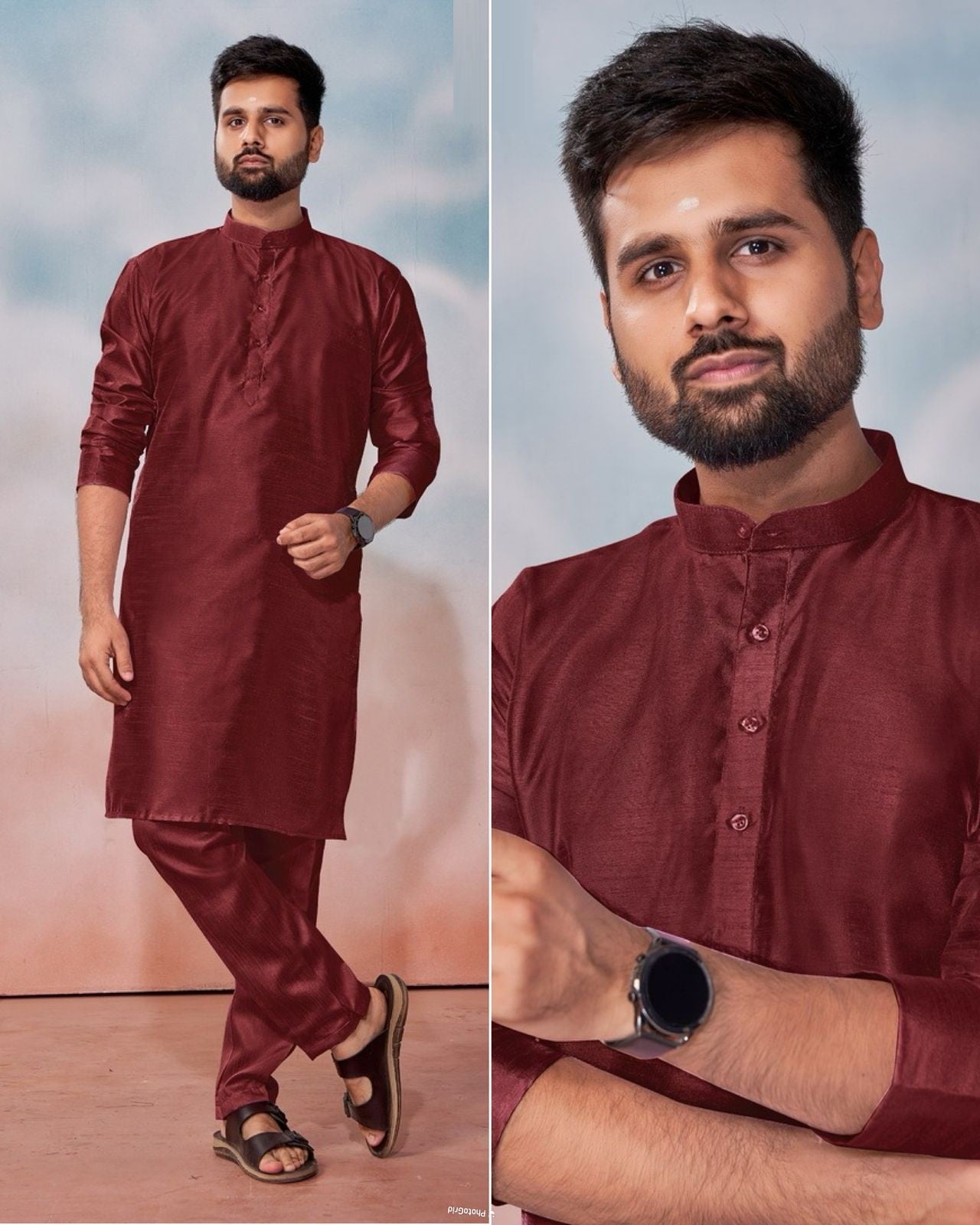 Men's Banglori Silk Kurta Polo Pant Set