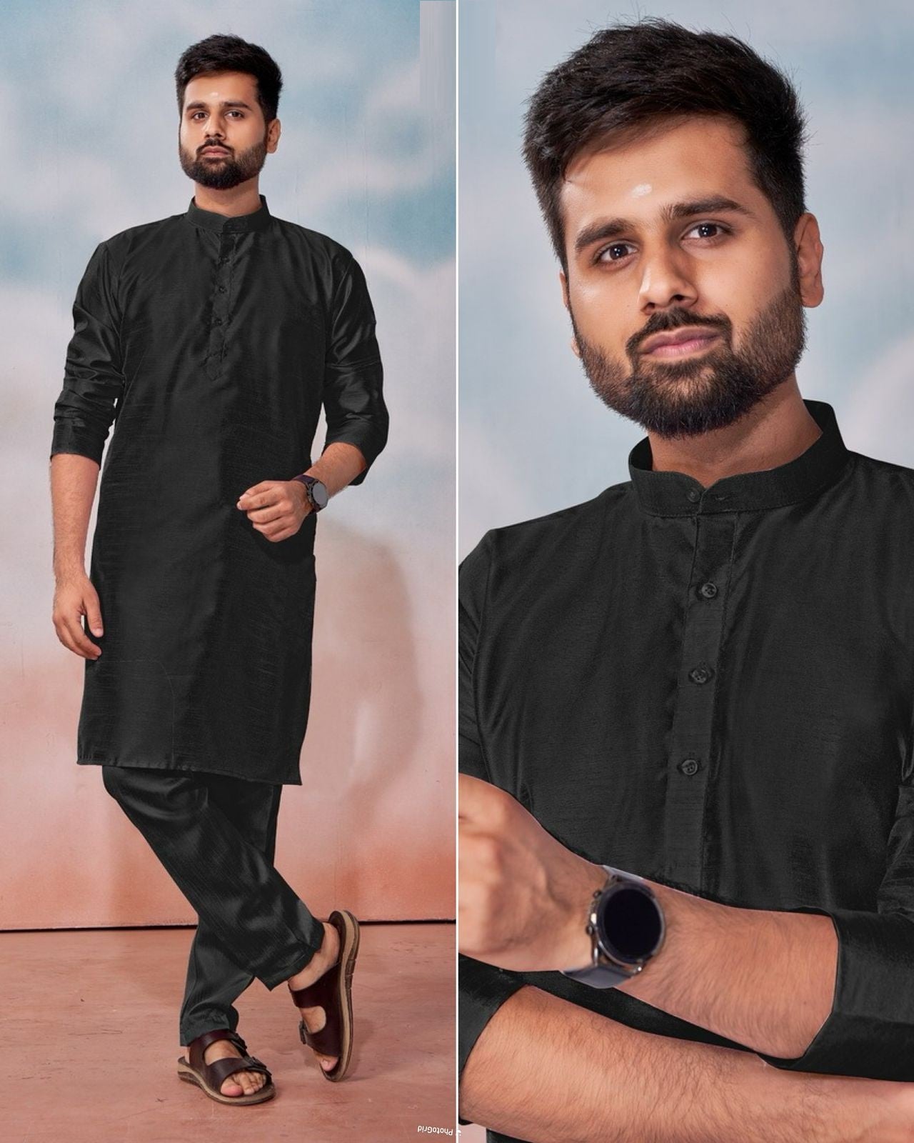 Men's Banglori Silk Kurta Polo Pant Set