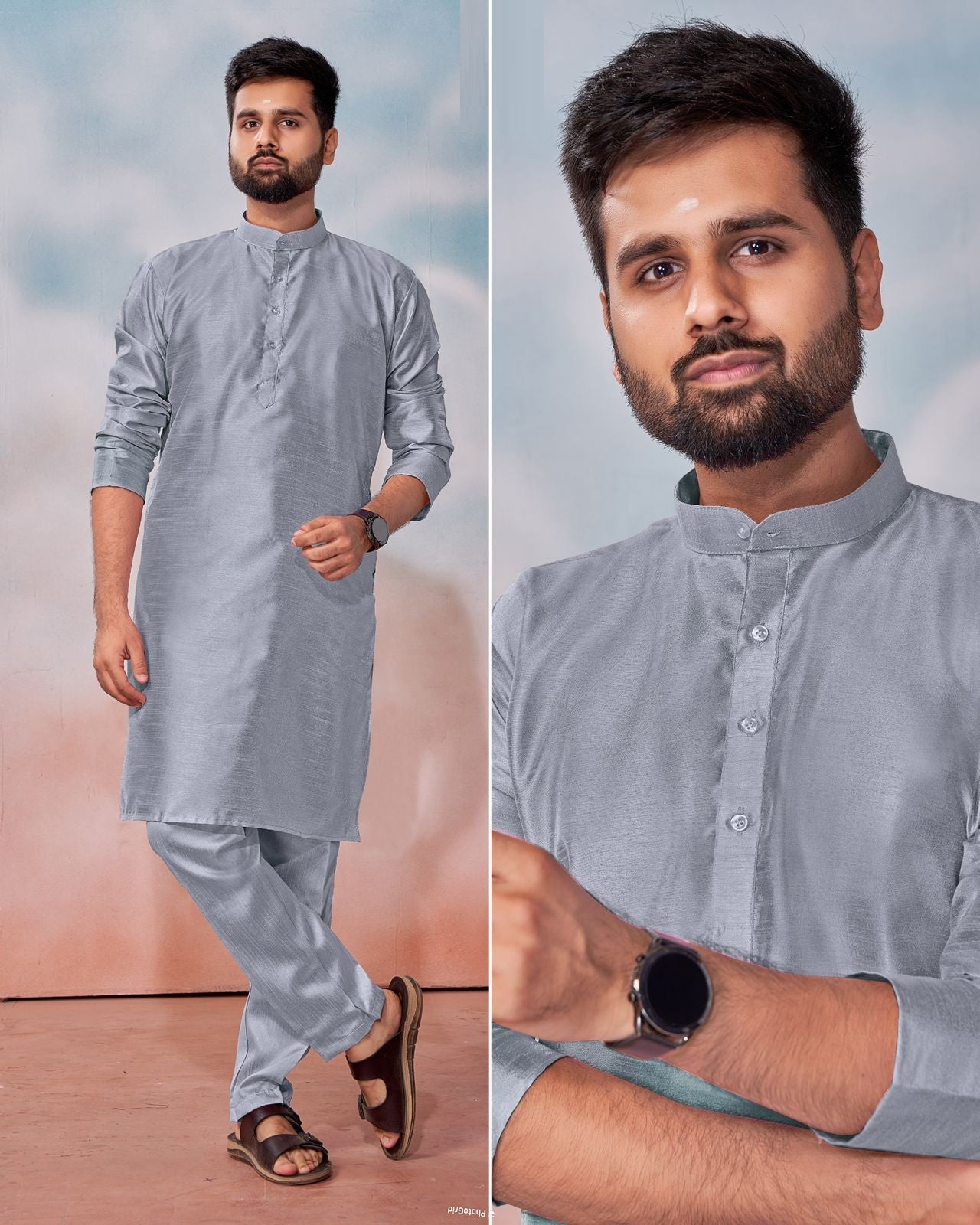 Men's Banglori Silk Kurta Polo Pant Set