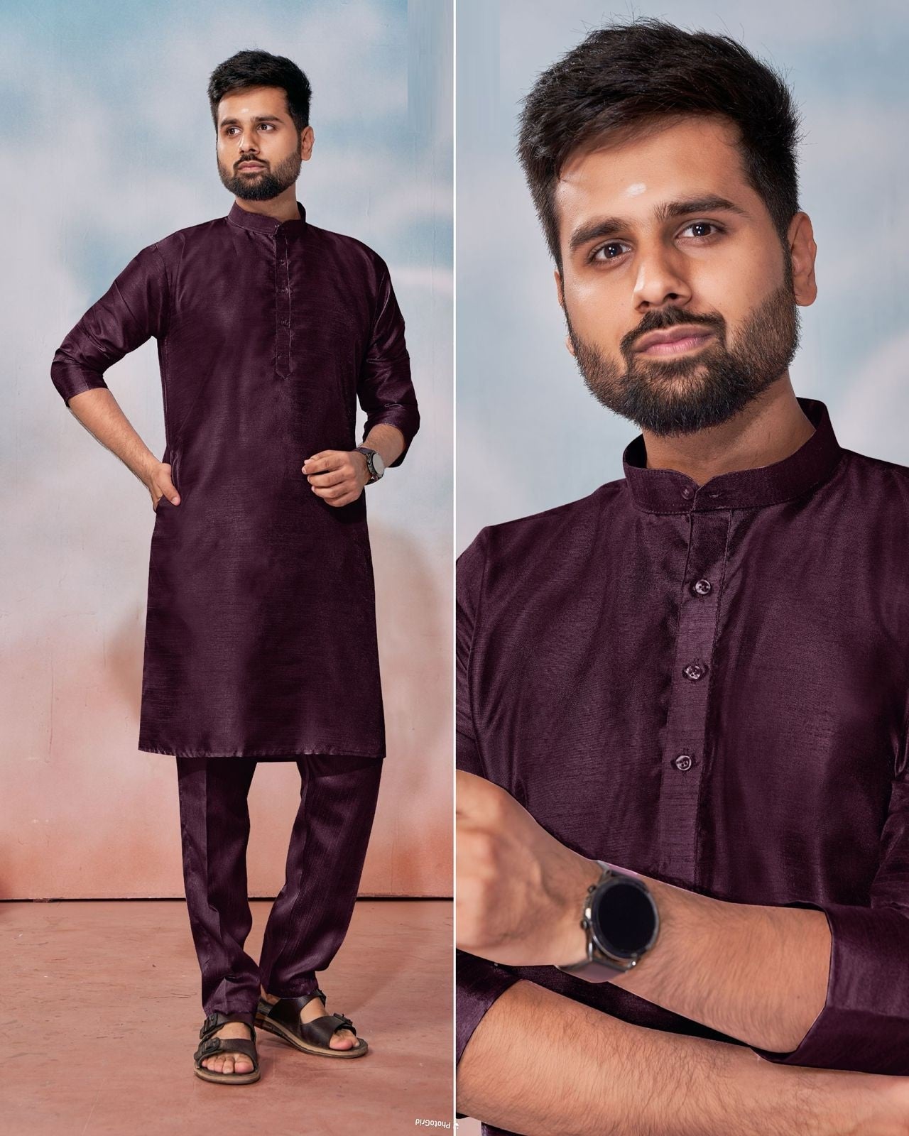 Men's Banglori Silk Kurta Polo Pant Set