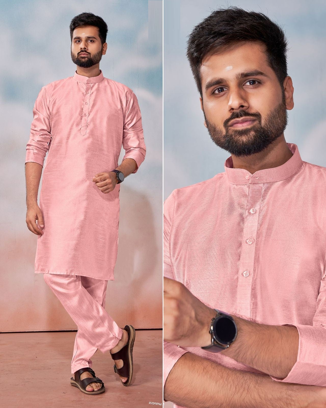 Men's Banglori Silk Kurta Polo Pant Set