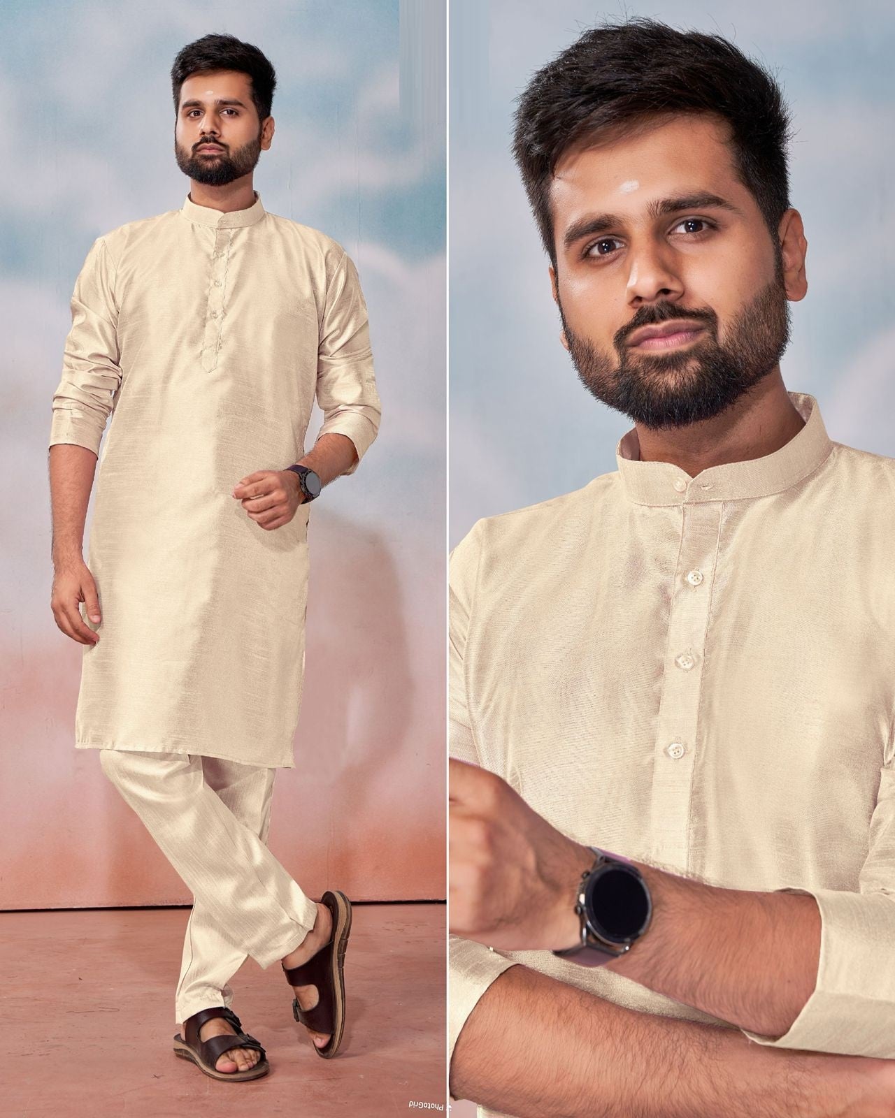 Men's Banglori Silk Kurta Polo Pant Set