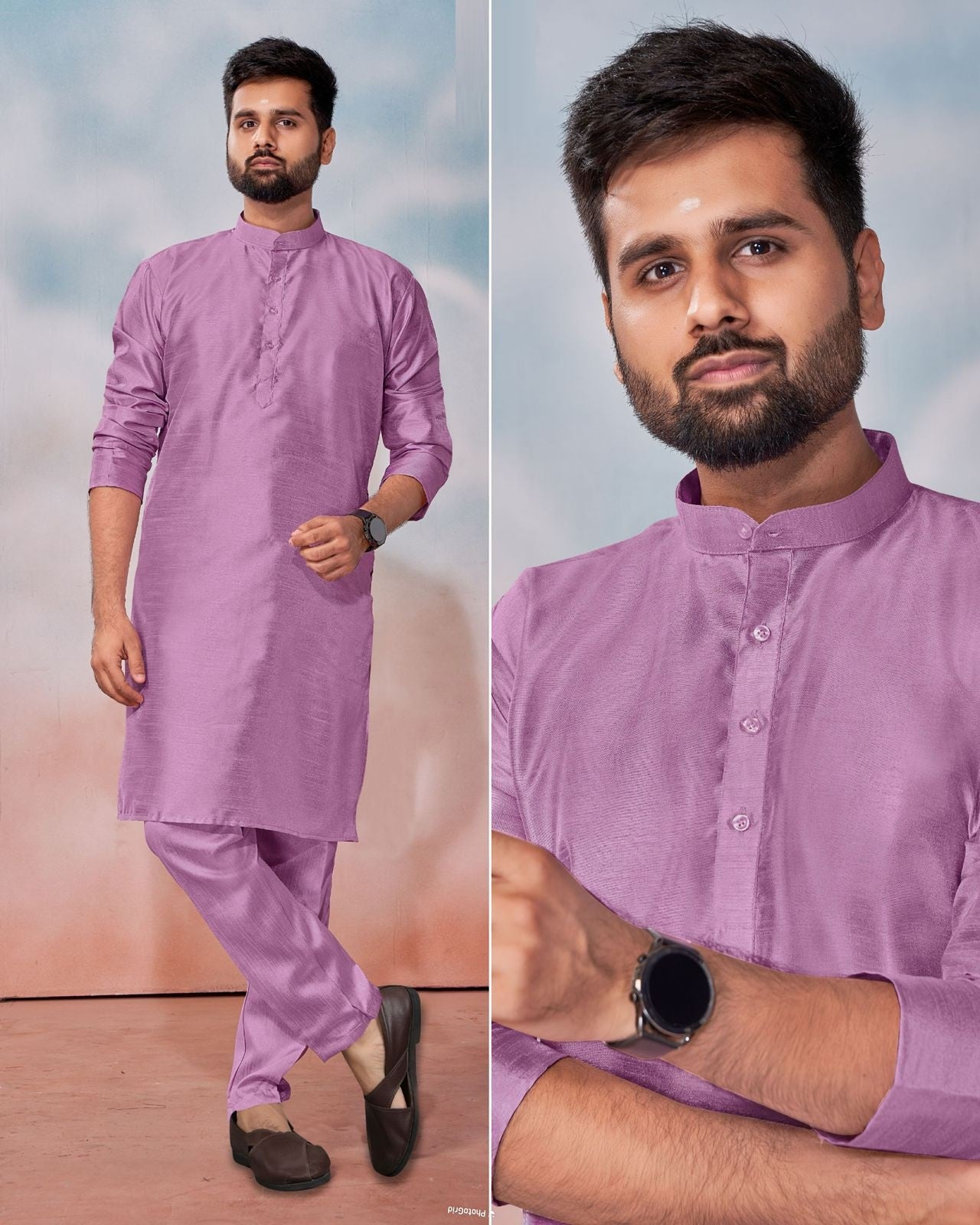 Men's Banglori Silk Kurta Polo Pant Set