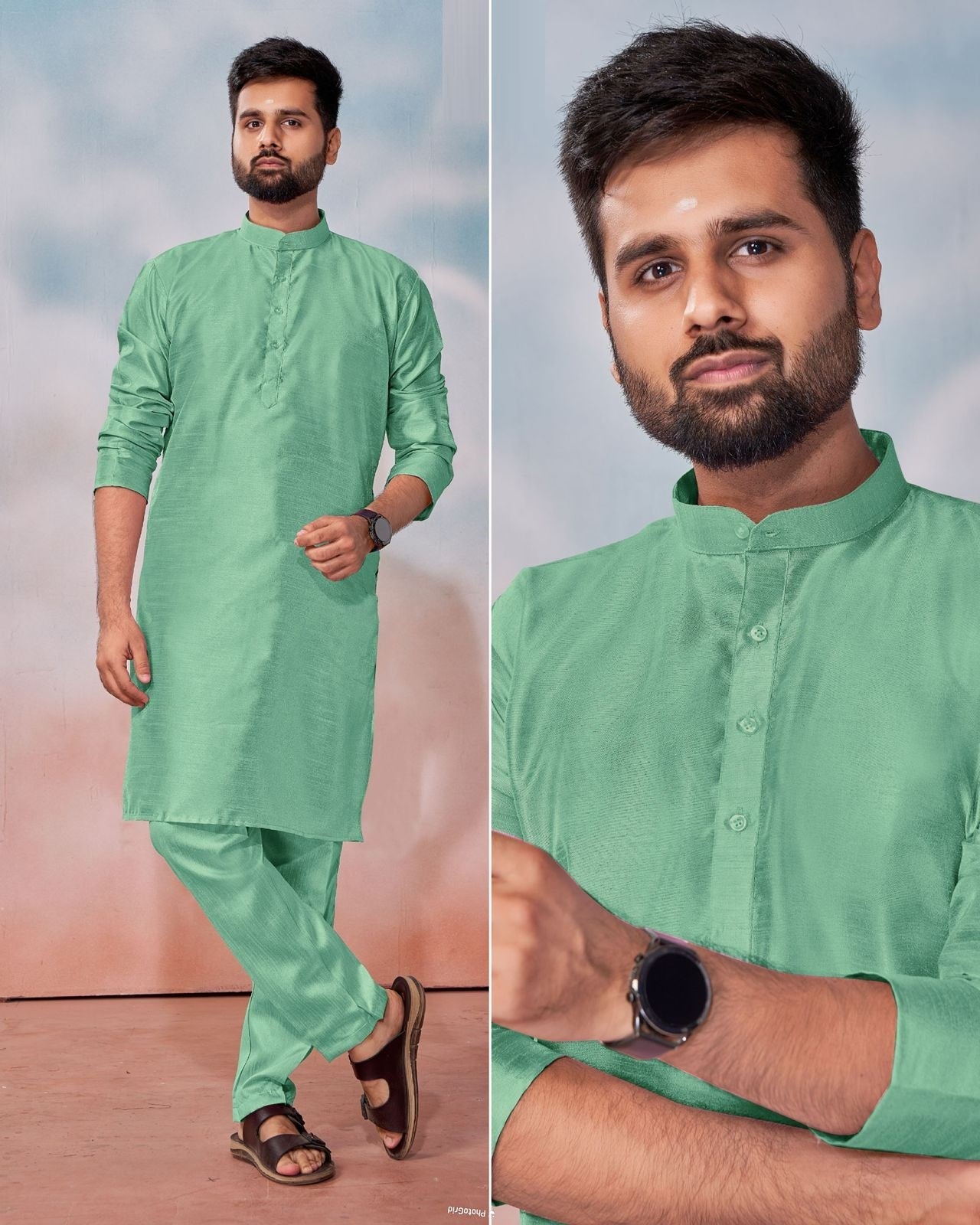 Men's Banglori Silk Kurta Polo Pant Set