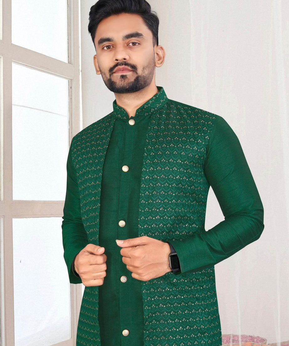Bangalori Silk With Jacquard Koti Kurta Pajama Set For Men's