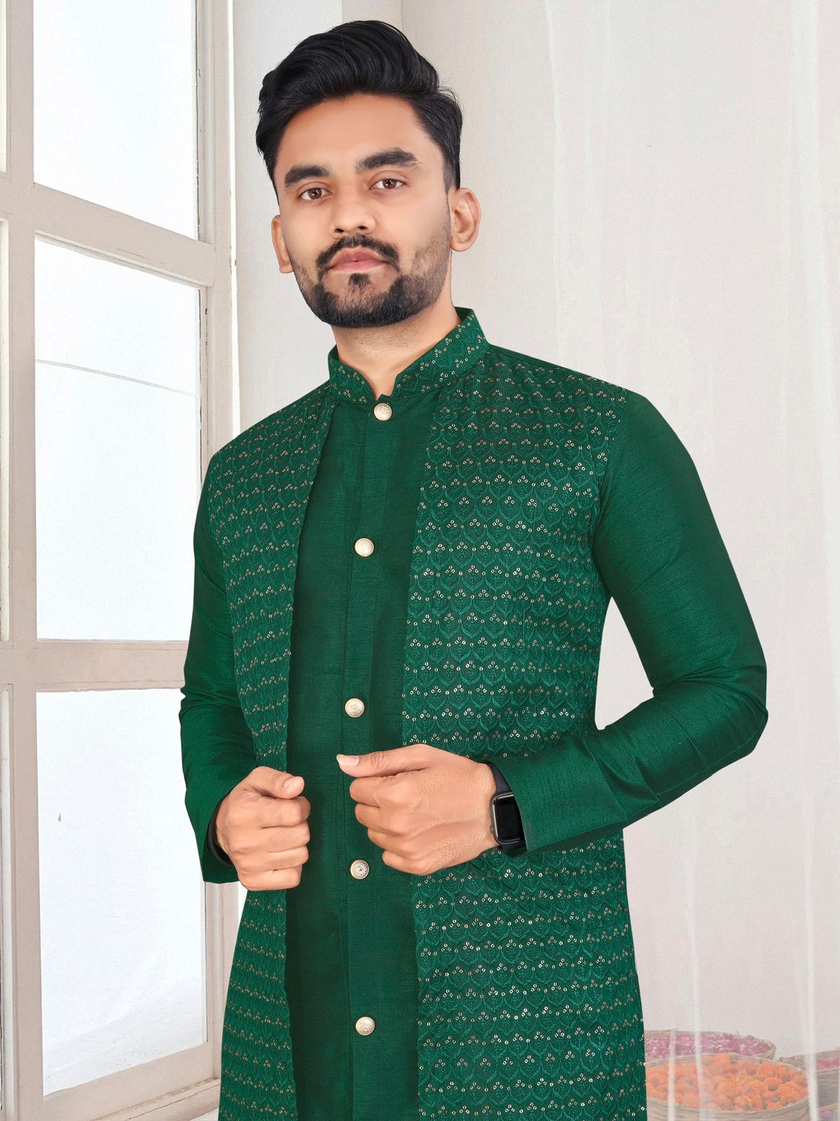 Bangalori Silk With Jacquard Koti Kurta Pajama Set For Men's