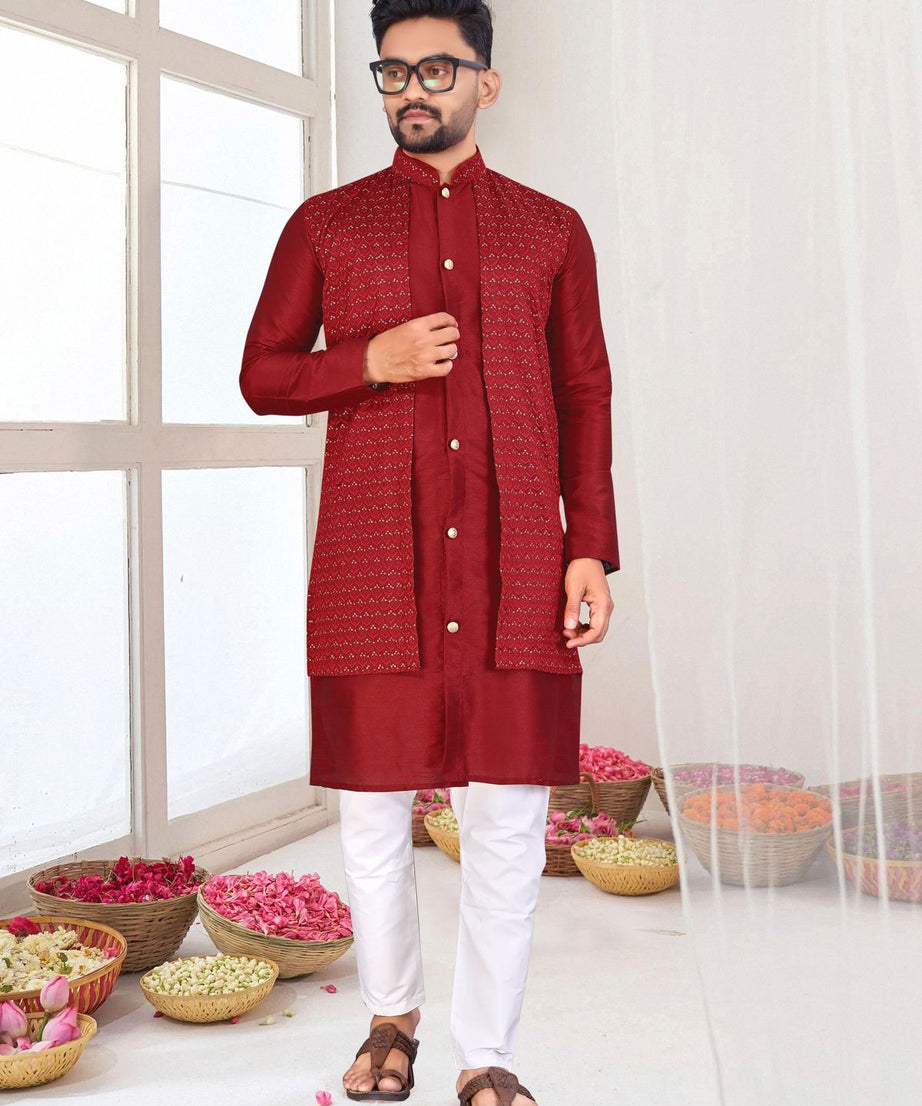 Bangalori Silk With Jacquard Koti Kurta Pajama Set For Men's