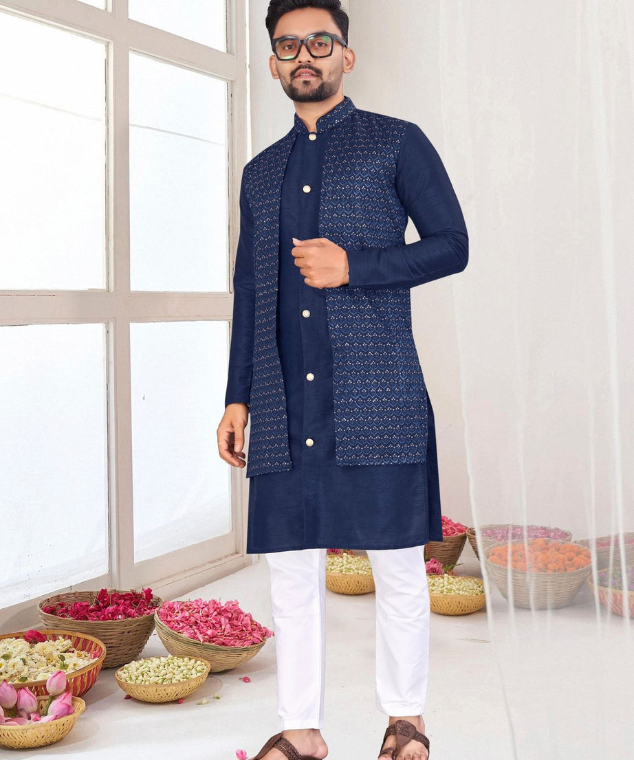 Bangalori Silk With Jacquard Koti Kurta Pajama Set For Men's