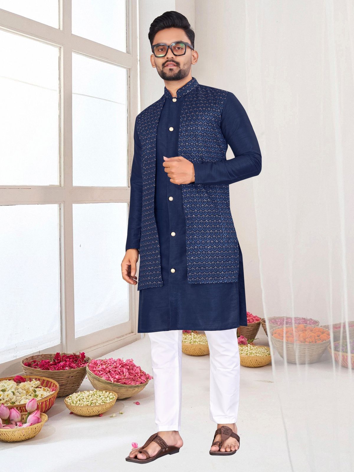 Bangalori Silk With Jacquard Koti Kurta Pajama Set For Men's