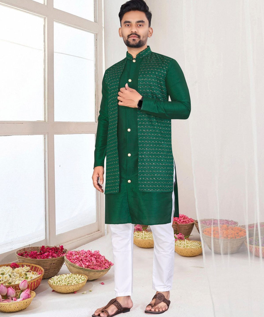 Bangalori Silk With Jacquard Koti Kurta Pajama Set For Men's