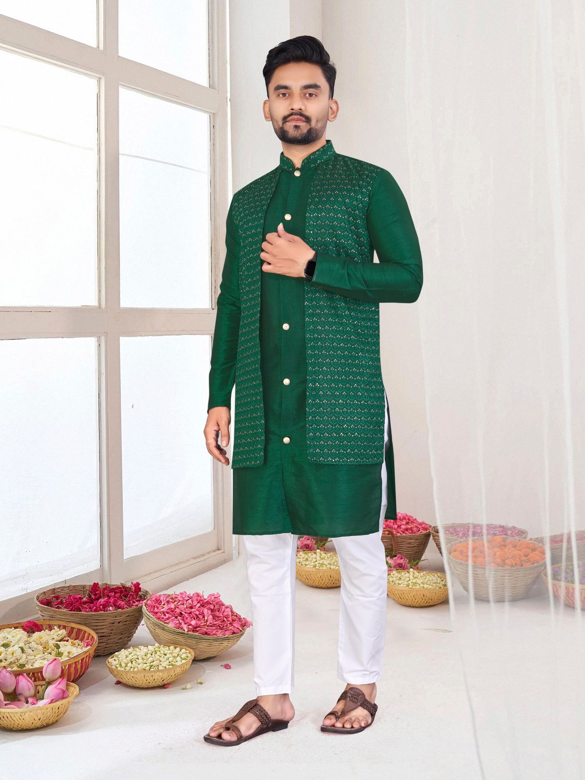 Bangalori Silk With Jacquard Koti Kurta Pajama Set For Men's
