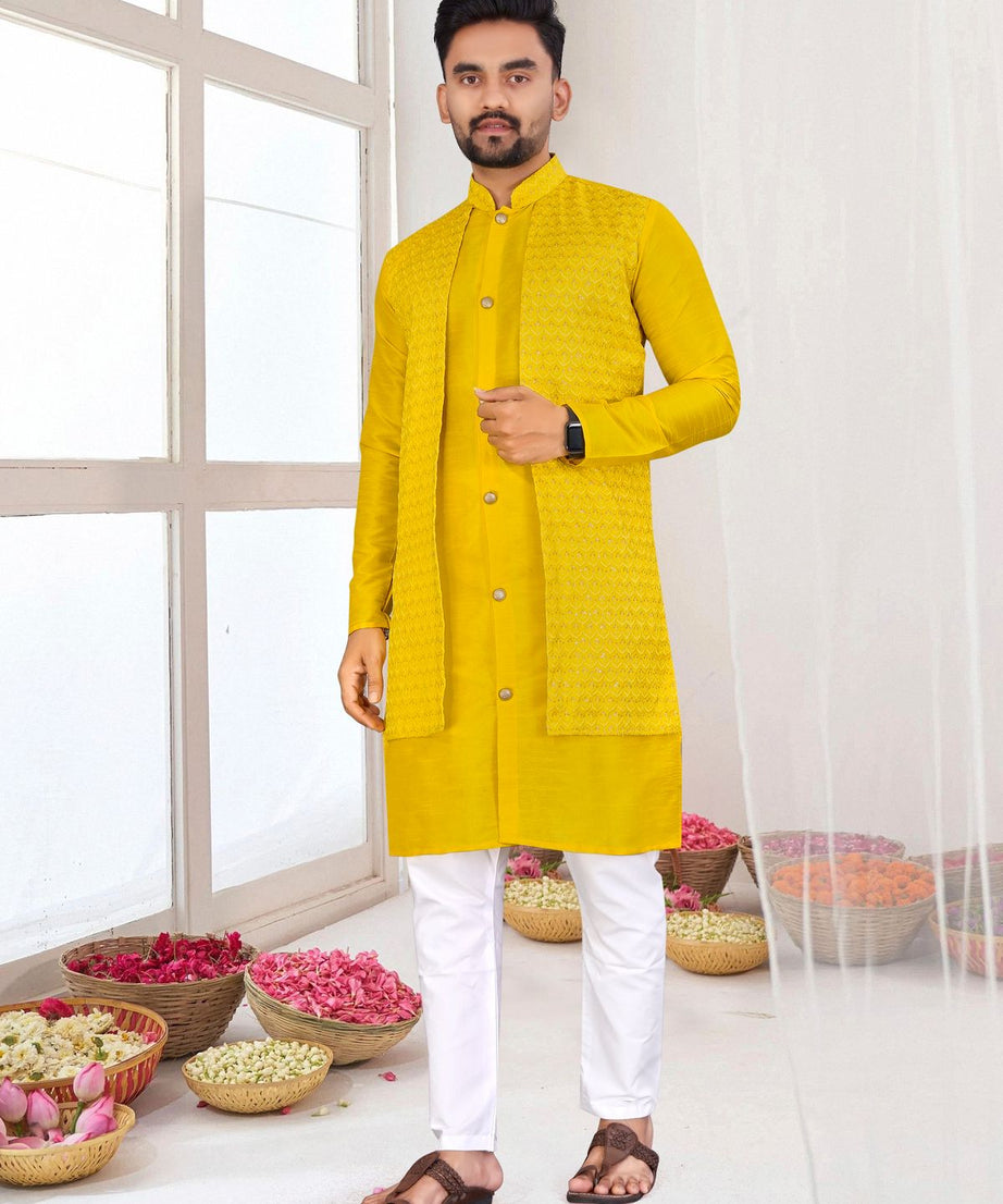 Bangalori Silk With Jacquard Koti Kurta Pajama Set For Men's