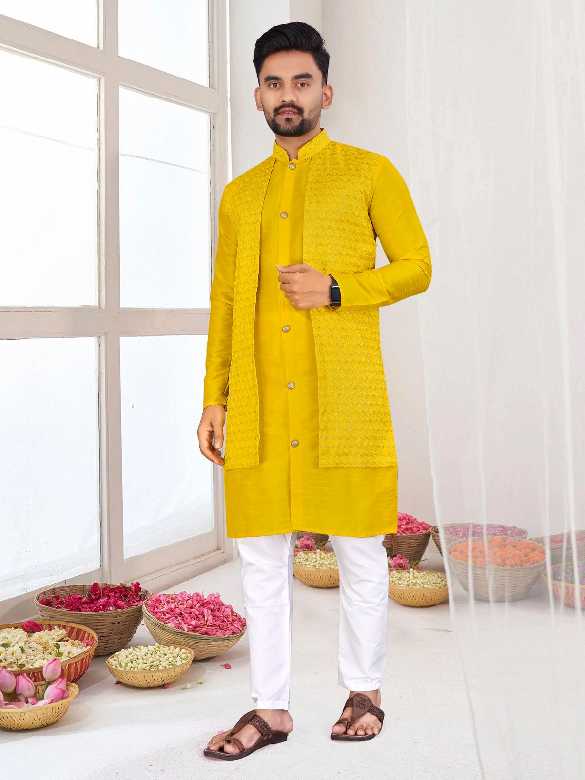 Bangalori Silk With Jacquard Koti Kurta Pajama Set For Men's