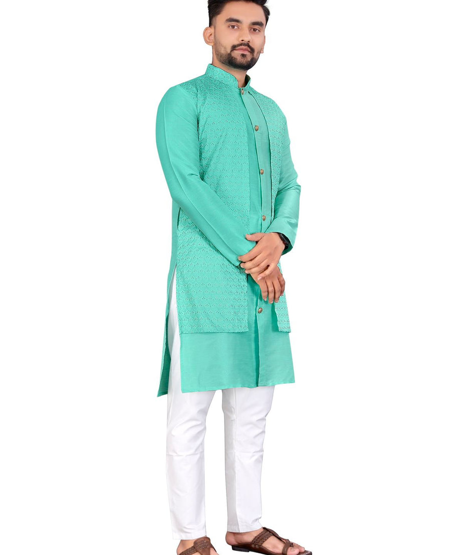 Bangalori Silk With Jacquard Koti Kurta Pajama Set For Men's