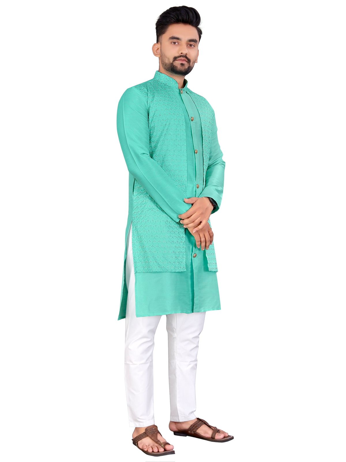 Bangalori Silk With Jacquard Koti Kurta Pajama Set For Men's